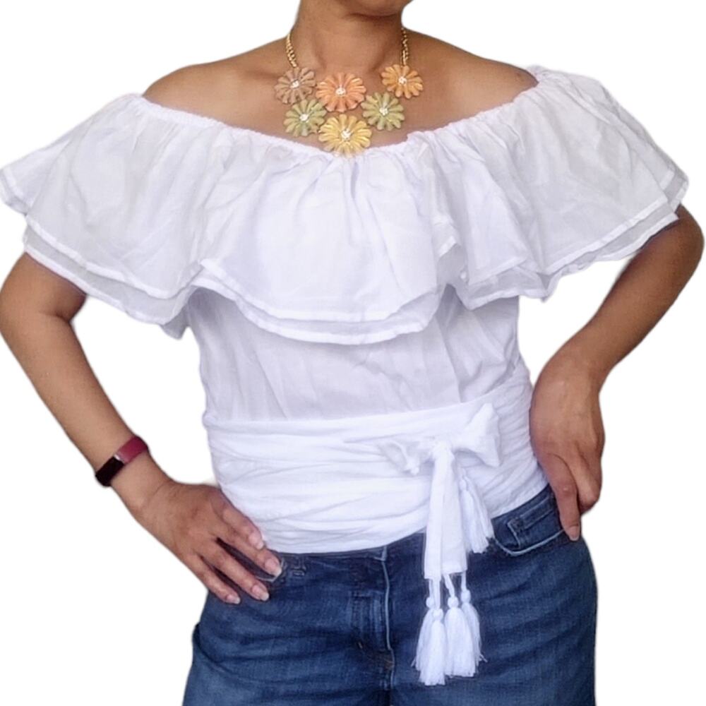 ERIKA PENA Rita Rumba Wrap Shirt ruffle tassel off shoulder top in white XS NEW